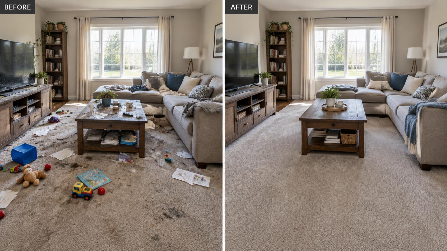 Living Room before and after example cleaning