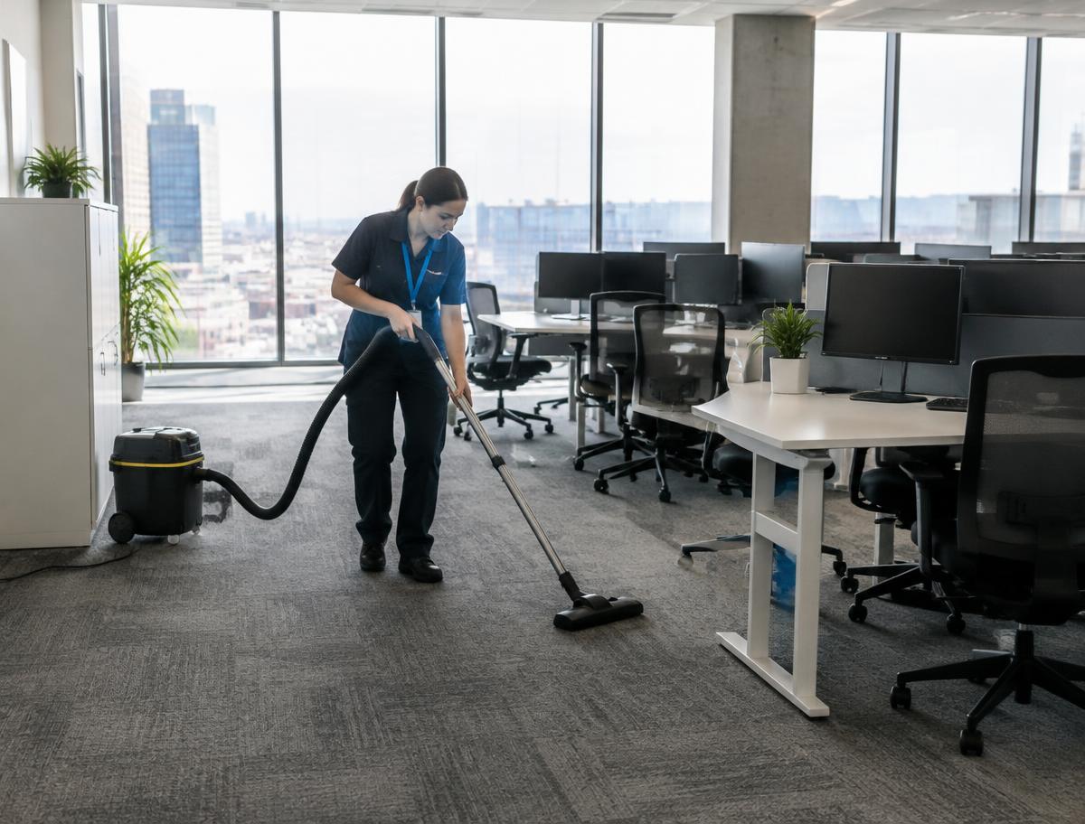 Cleaner vacuuming a modern office
